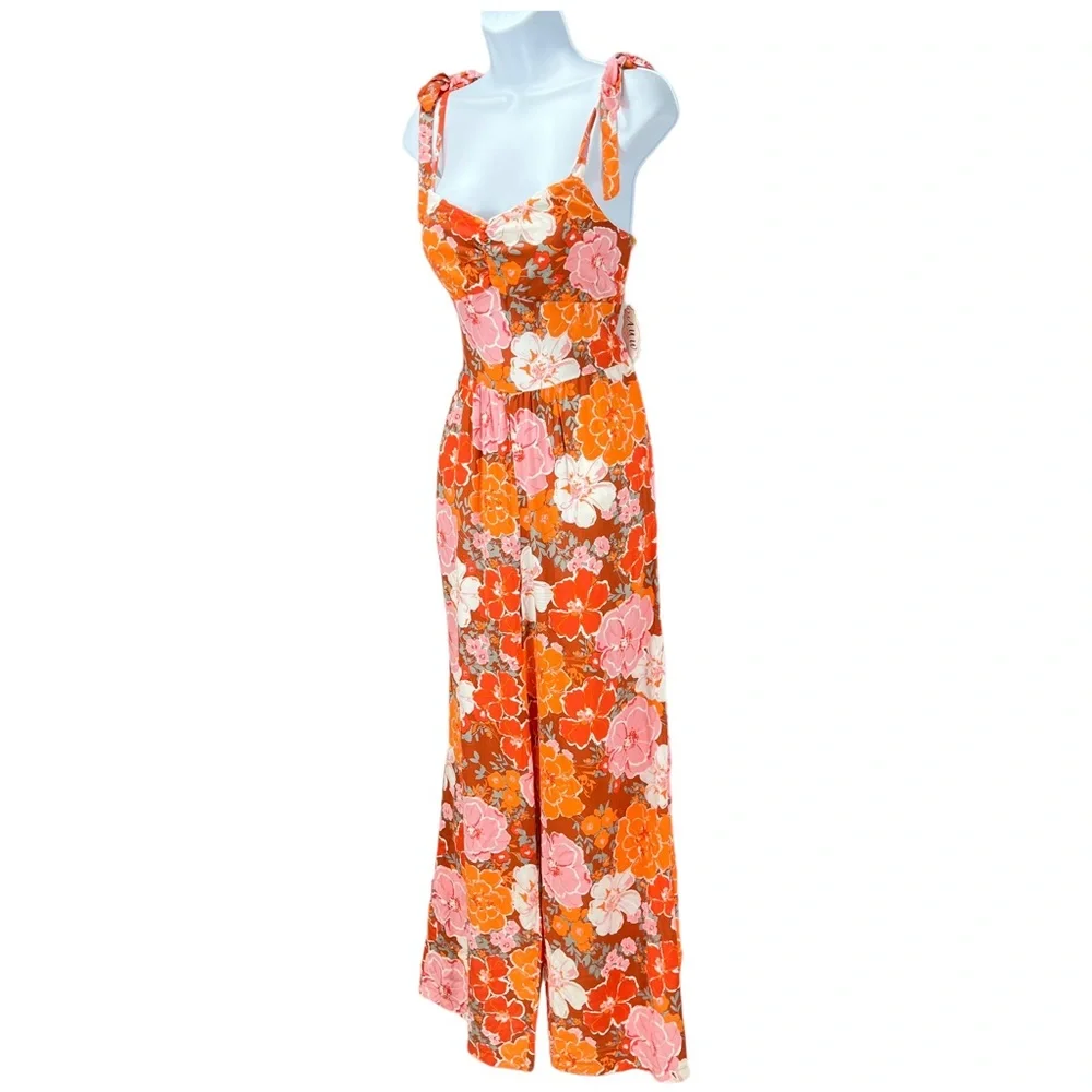 AUW Women’s Large Orange & Pink Floral Wide‎ Leg Pants Jumpsuit Tie Straps Boho